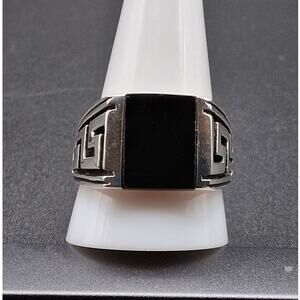 Men's Black Onyx Ring, Size 8.5, 925 Silver, Signet, Bold Modern Greek Style